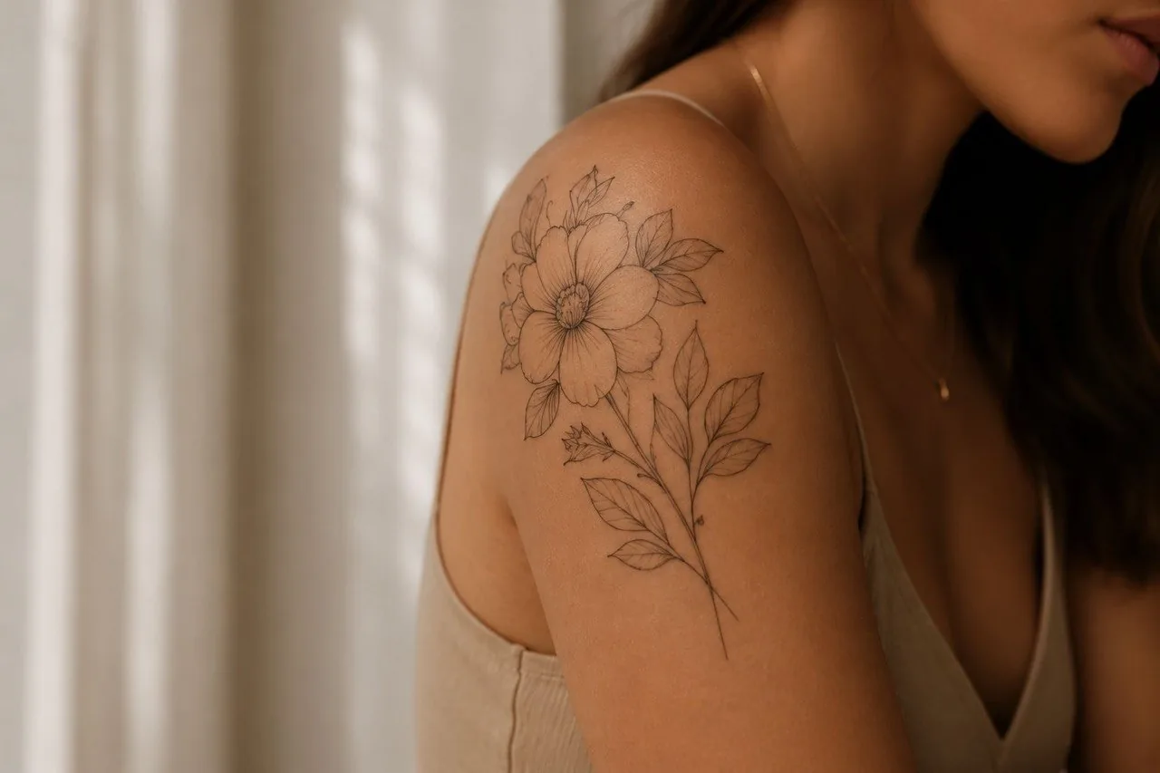 Fine-Line Tattoo Motiv auf der Schulter
