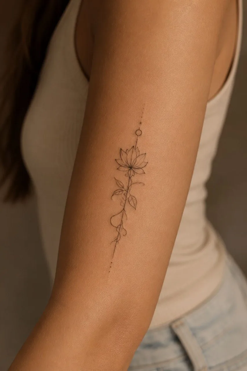Fine-Line Tattoo, filigraner Lotus am Unterarm